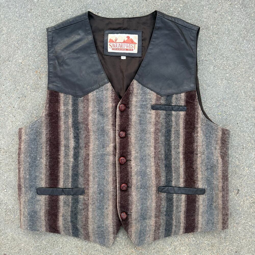 Vintage 90s Saguaro West Trading Co Wool Brown Western Stripe Dress Vest 2XL
